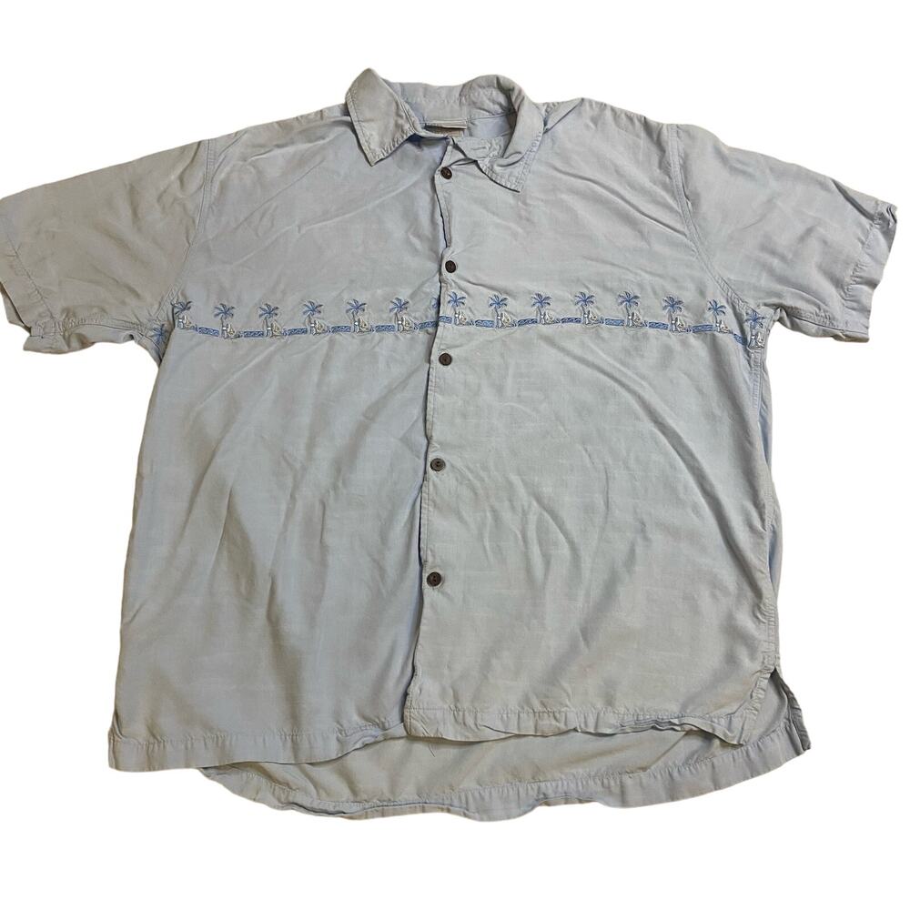 Disney World button-down polo shirt L Hawaiian blue silver tag rayon aloha beach